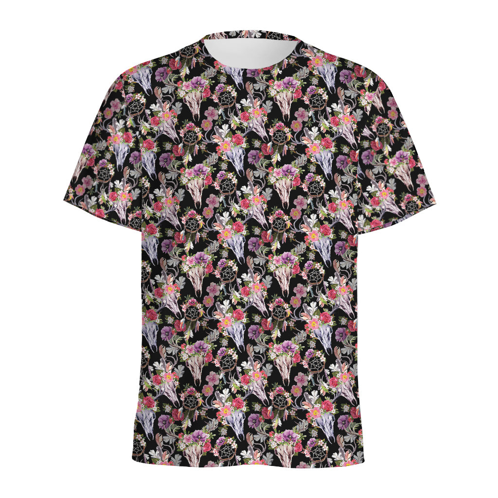 Boho Deer Skull Pattern Print Men's Sports T-Shirt