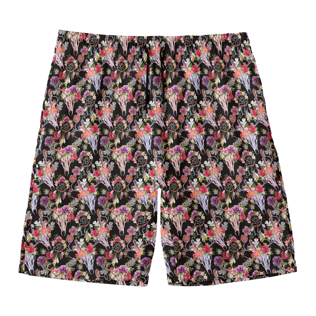 Boho Deer Skull Pattern Print Men's Swim Trunks