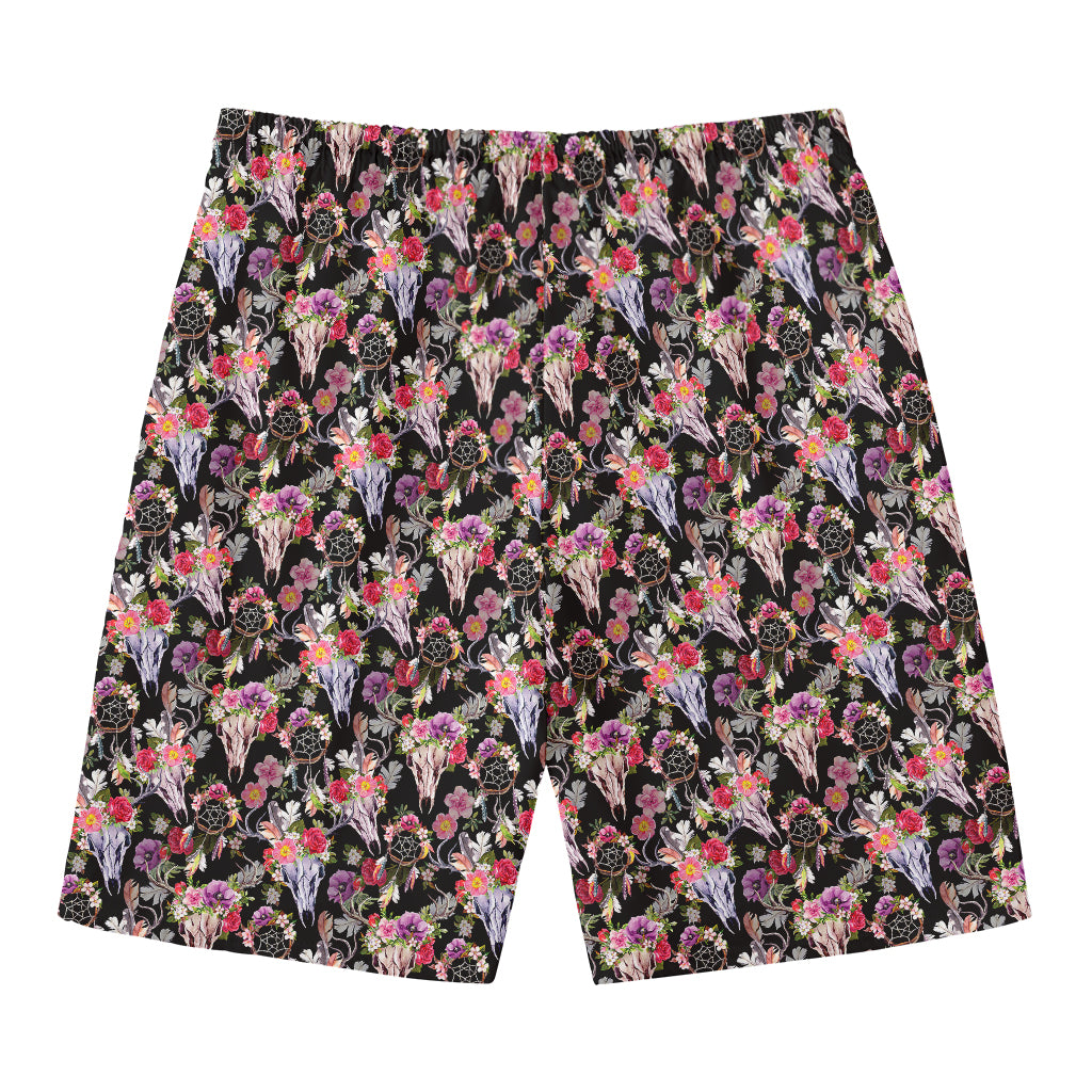 Boho Deer Skull Pattern Print Men's Swim Trunks