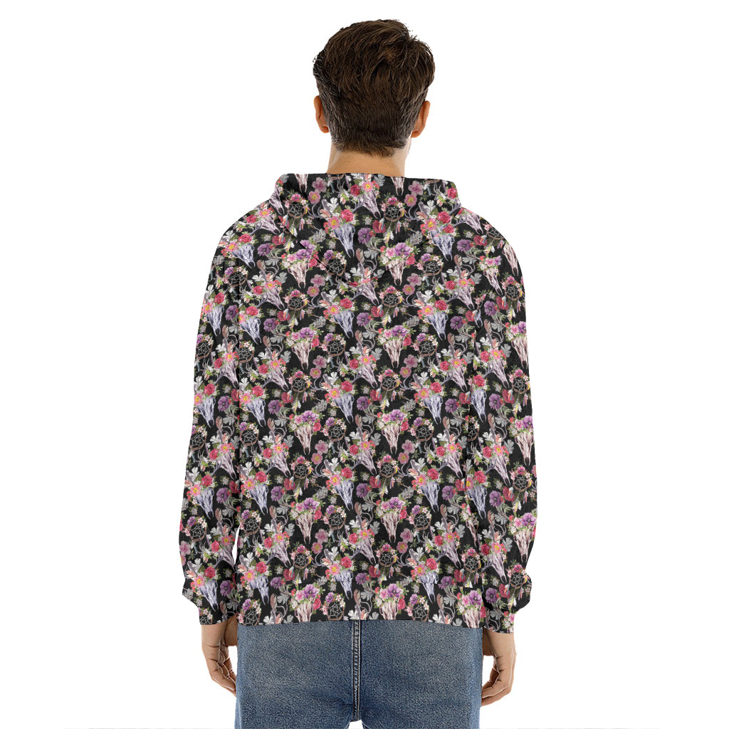 Boho Deer Skull Pattern Print Men's Velvet Pullover Hoodie