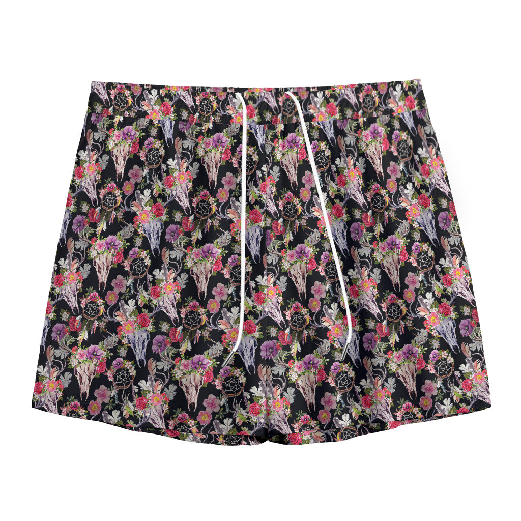 Boho Deer Skull Pattern Print Mesh Shorts