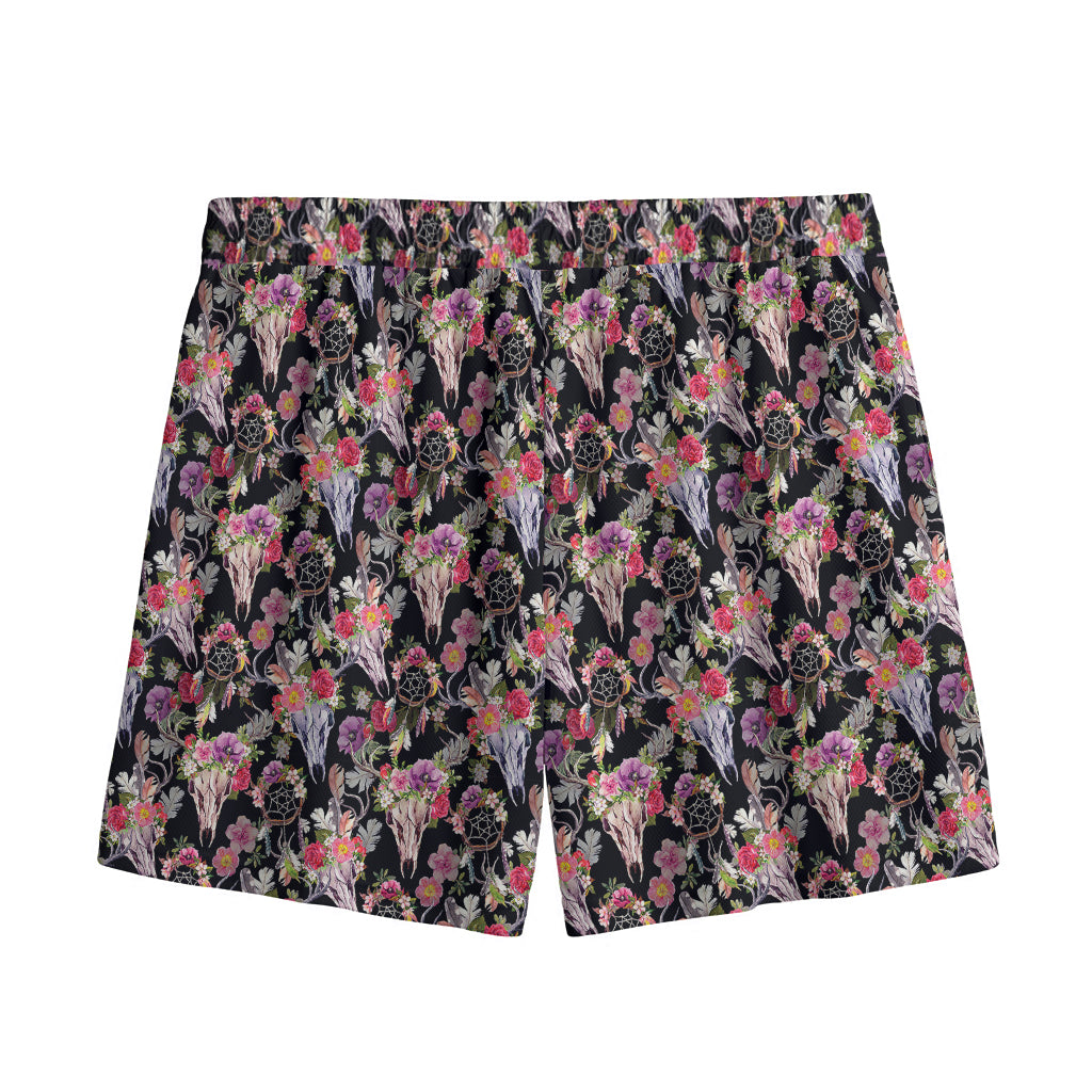 Boho Deer Skull Pattern Print Mesh Shorts