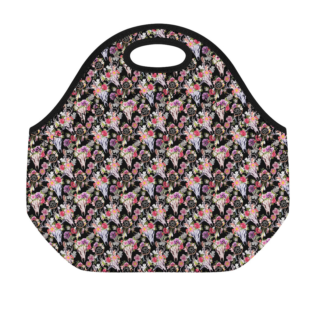 Boho Deer Skull Pattern Print Neoprene Lunch Bag