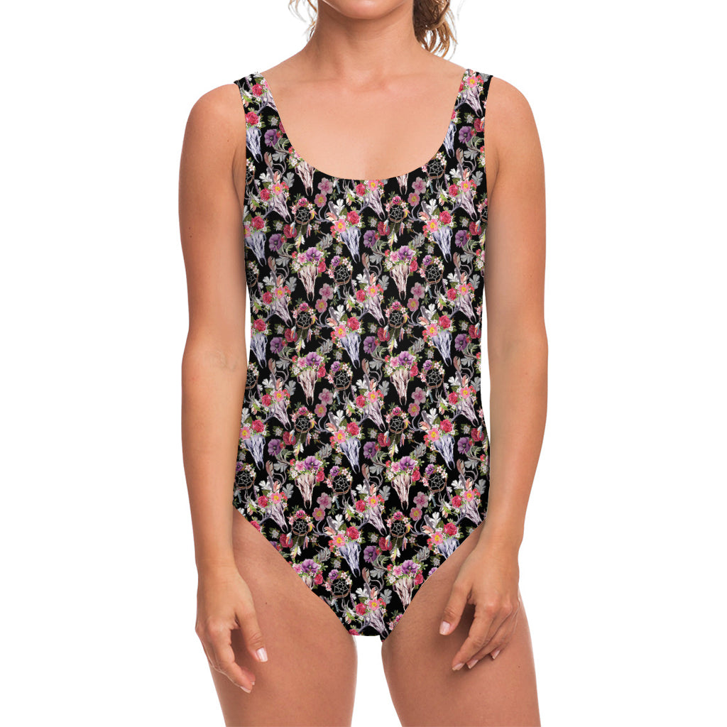 Boho Deer Skull Pattern Print One Piece Swimsuit