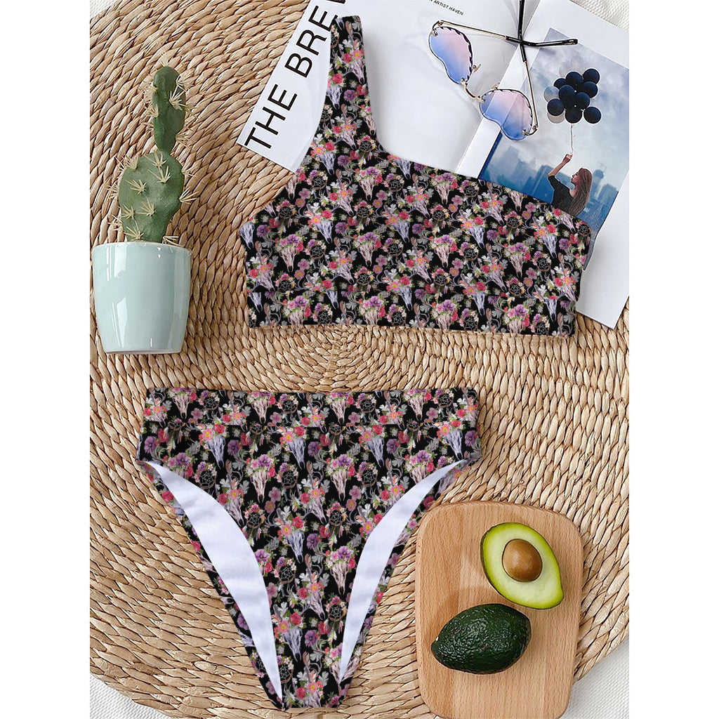 Boho Deer Skull Pattern Print One Shoulder Bikini Top