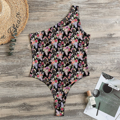 Boho Deer Skull Pattern Print One Shoulder Bodysuit