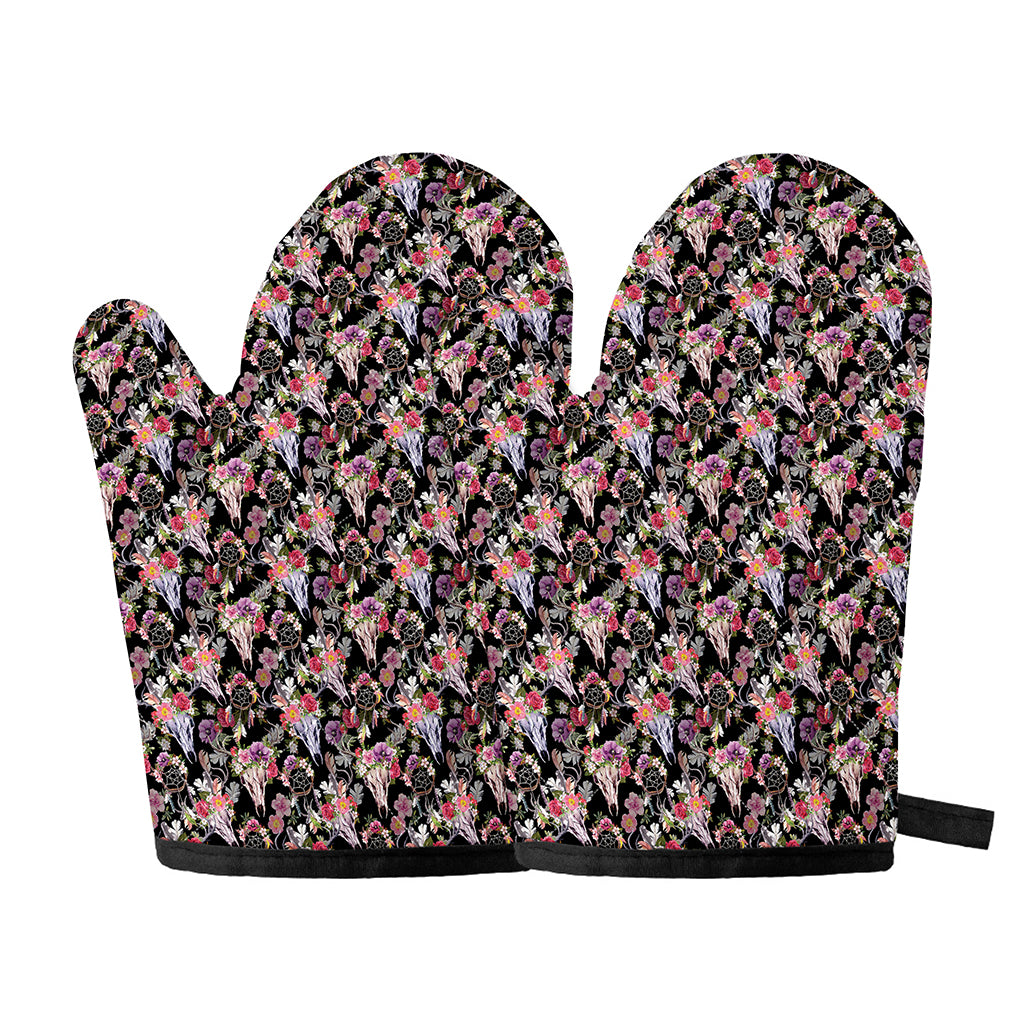 Boho Deer Skull Pattern Print Oven Mitts