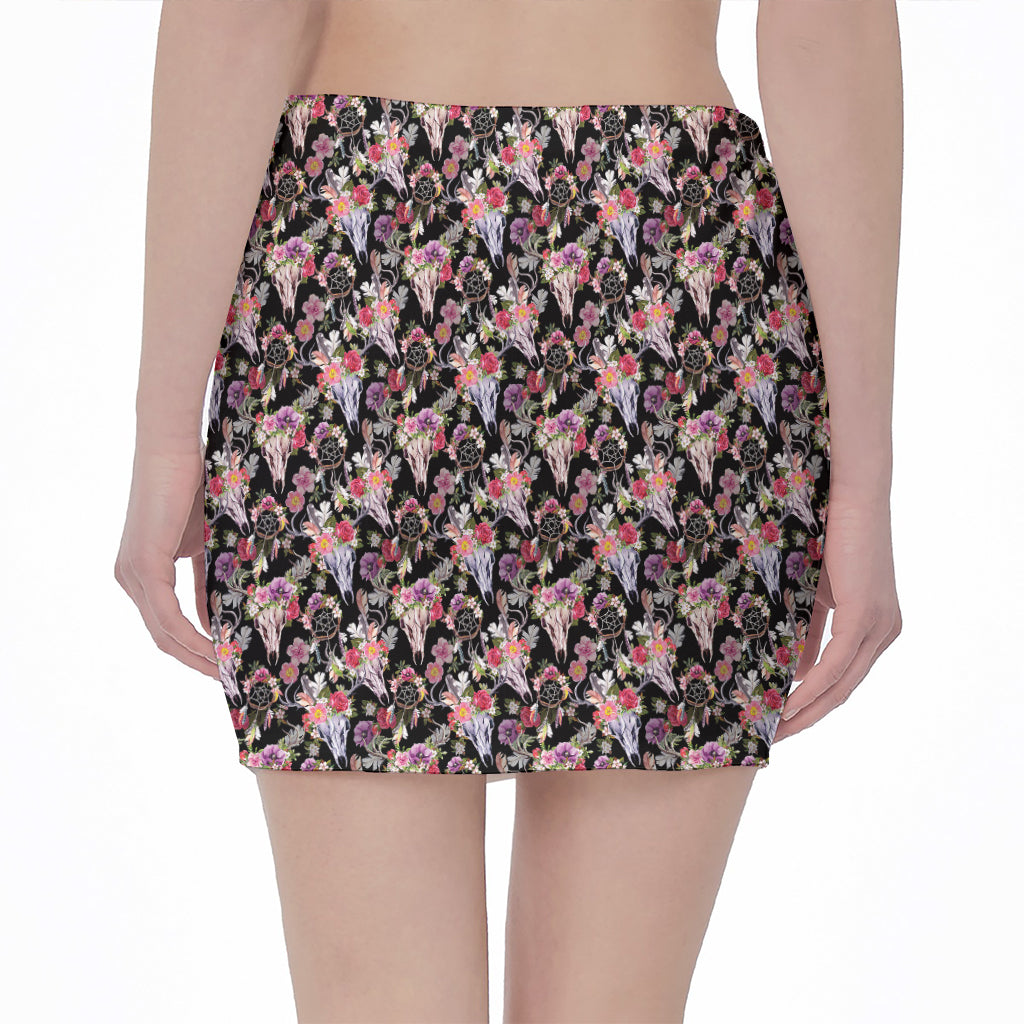 Boho Deer Skull Pattern Print Pencil Mini Skirt