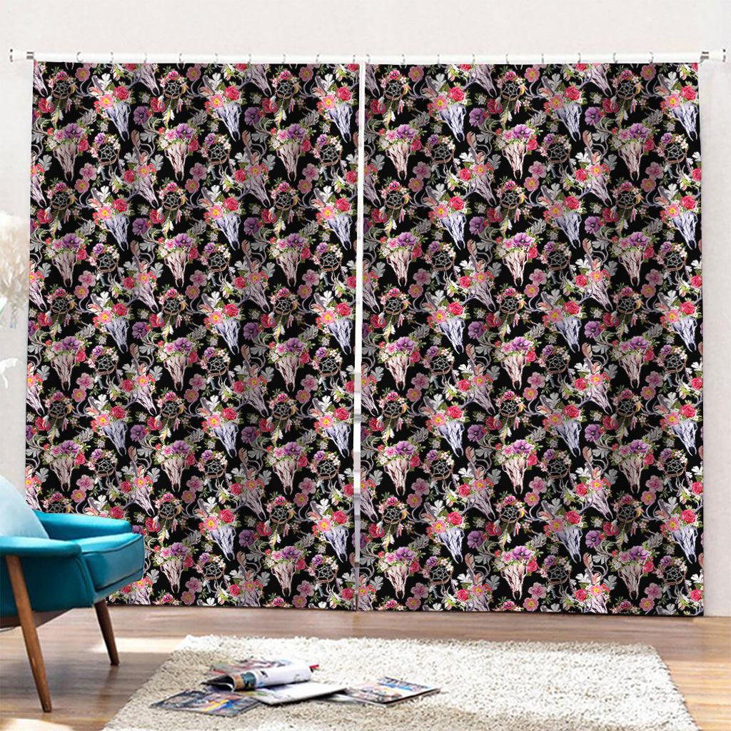 Boho Deer Skull Pattern Print Pencil Pleat Curtains
