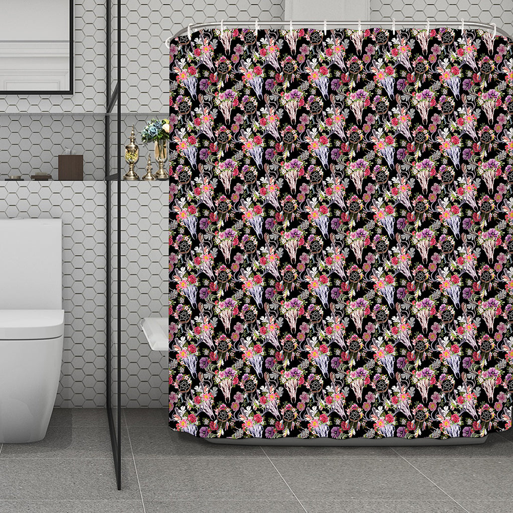 Boho Deer Skull Pattern Print Polyester Shower Curtain