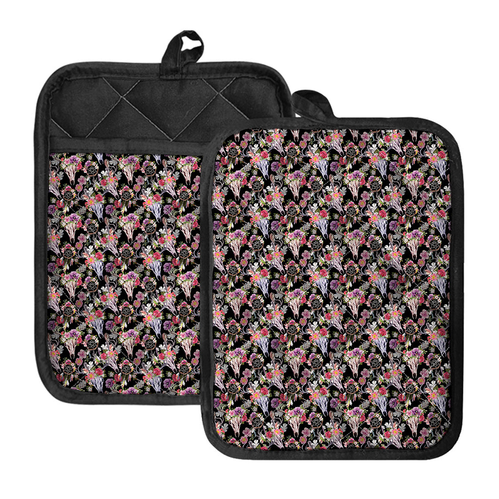 Boho Deer Skull Pattern Print Pot Holders With Pocket