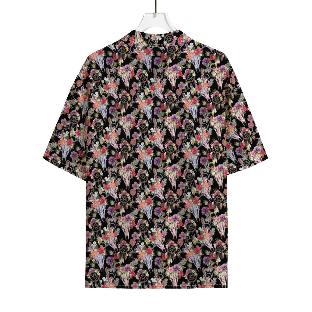 Boho Deer Skull Pattern Print Rayon Hawaiian Shirt