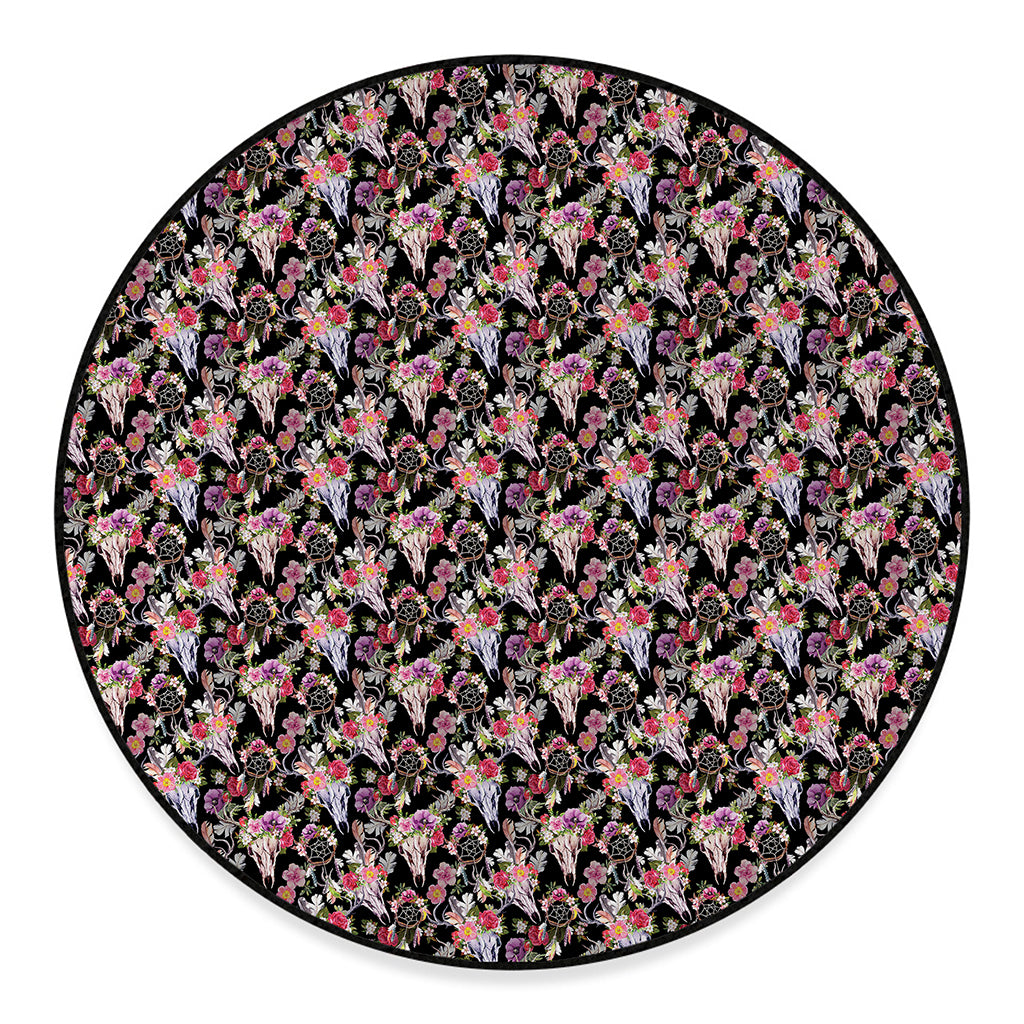 Boho Deer Skull Pattern Print Round Floor Mat