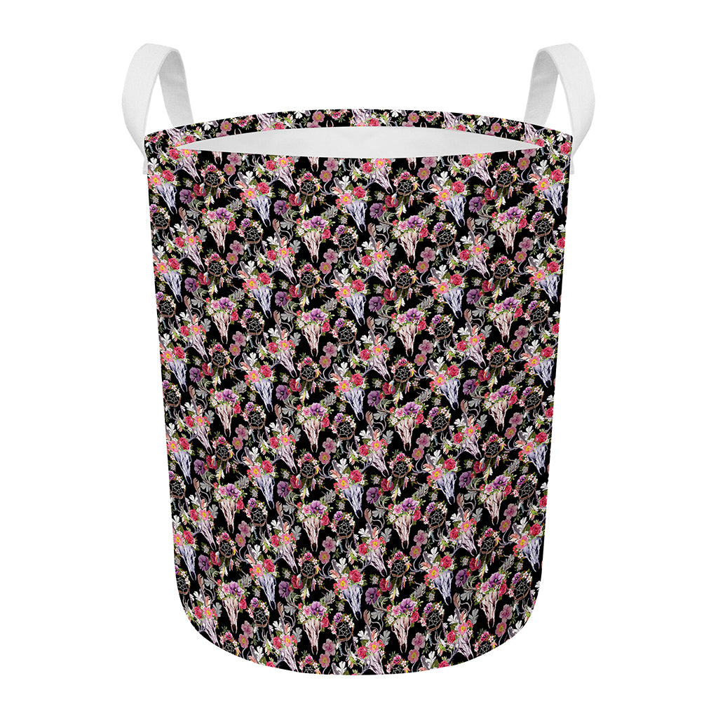 Boho Deer Skull Pattern Print Round Laundry Basket