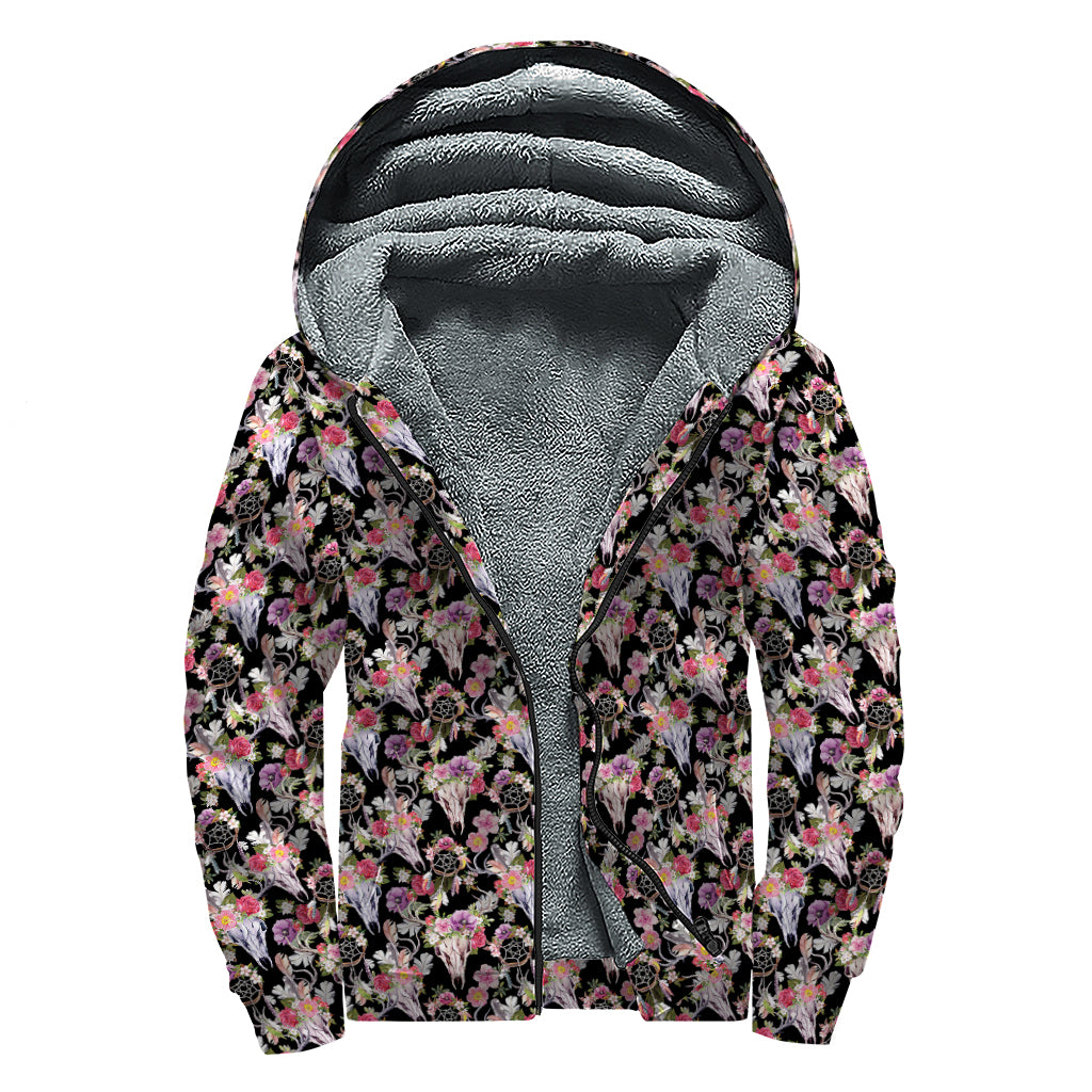 Boho Deer Skull Pattern Print Sherpa Lined Zip Up Hoodie