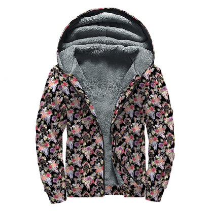 Boho Deer Skull Pattern Print Sherpa Lined Zip Up Hoodie