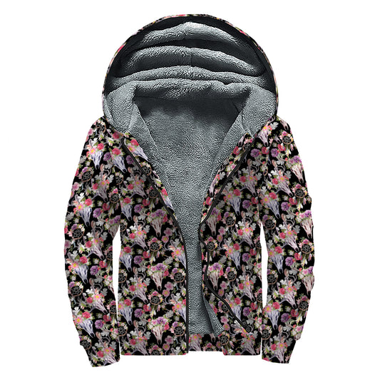 Boho Deer Skull Pattern Print Sherpa Lined Zip Up Hoodie