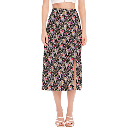 Boho Deer Skull Pattern Print Side Slit Midi Skirt