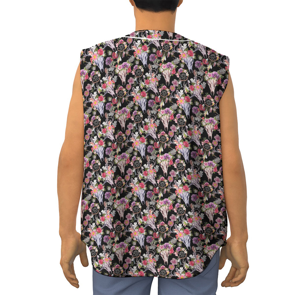 Boho Deer Skull Pattern Print Sleeveless Baseball Jersey
