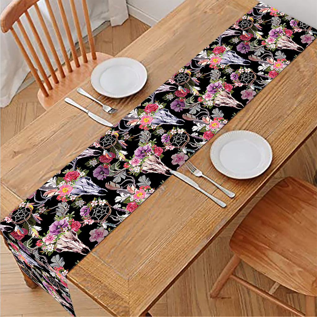Boho Deer Skull Pattern Print Table Runner