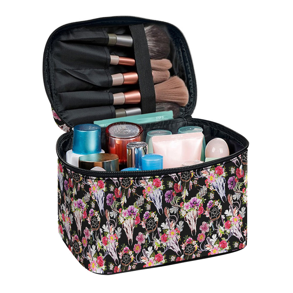 Boho Deer Skull Pattern Print Travel Makeup Bag