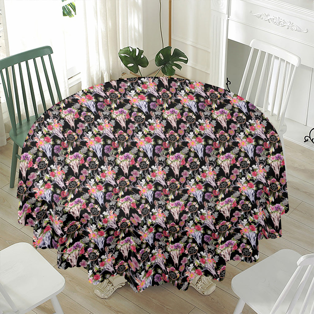 Boho Deer Skull Pattern Print Waterproof Round Tablecloth