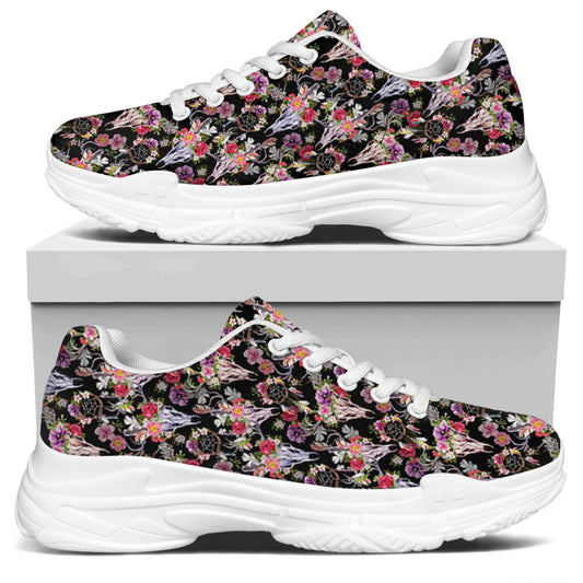 Boho Deer Skull Pattern Print White Chunky Shoes