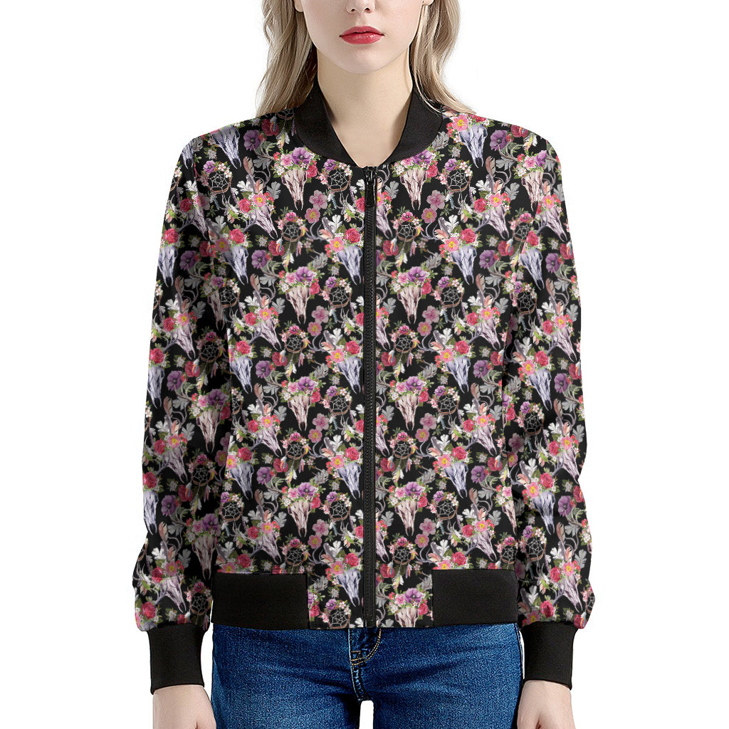 Boho Deer Skull Pattern Print Women's Bomber Jacket