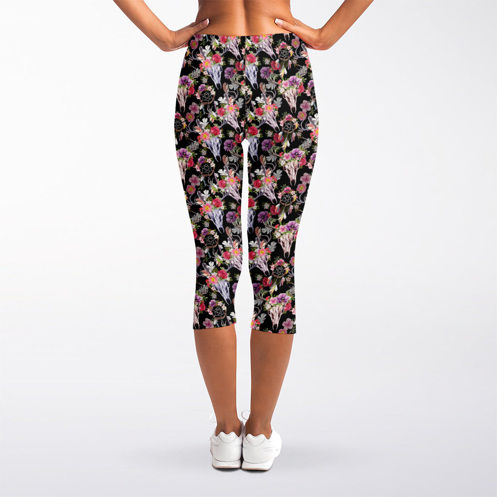 Boho Deer Skull Pattern Print Women's Capri Leggings