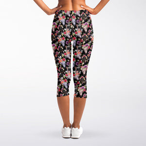 Boho Deer Skull Pattern Print Women's Capri Leggings