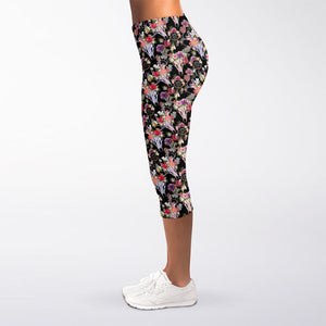 Boho Deer Skull Pattern Print Women's Capri Leggings