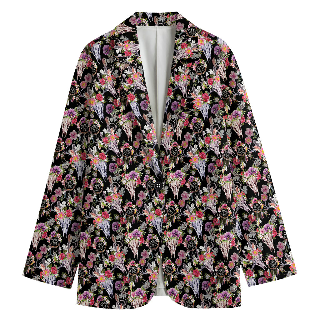 Boho Deer Skull Pattern Print Women's Cotton Blazer