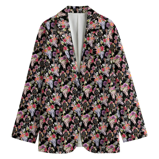 Boho Deer Skull Pattern Print Women's Cotton Blazer