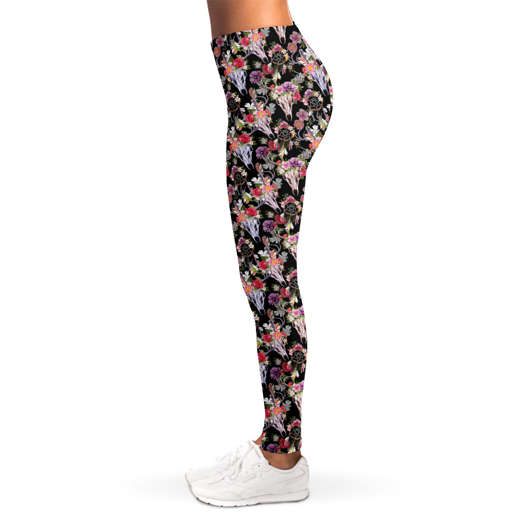 Boho Deer Skull Pattern Print Women's Leggings