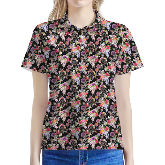 Boho Deer Skull Pattern Print Women's Polo Shirt