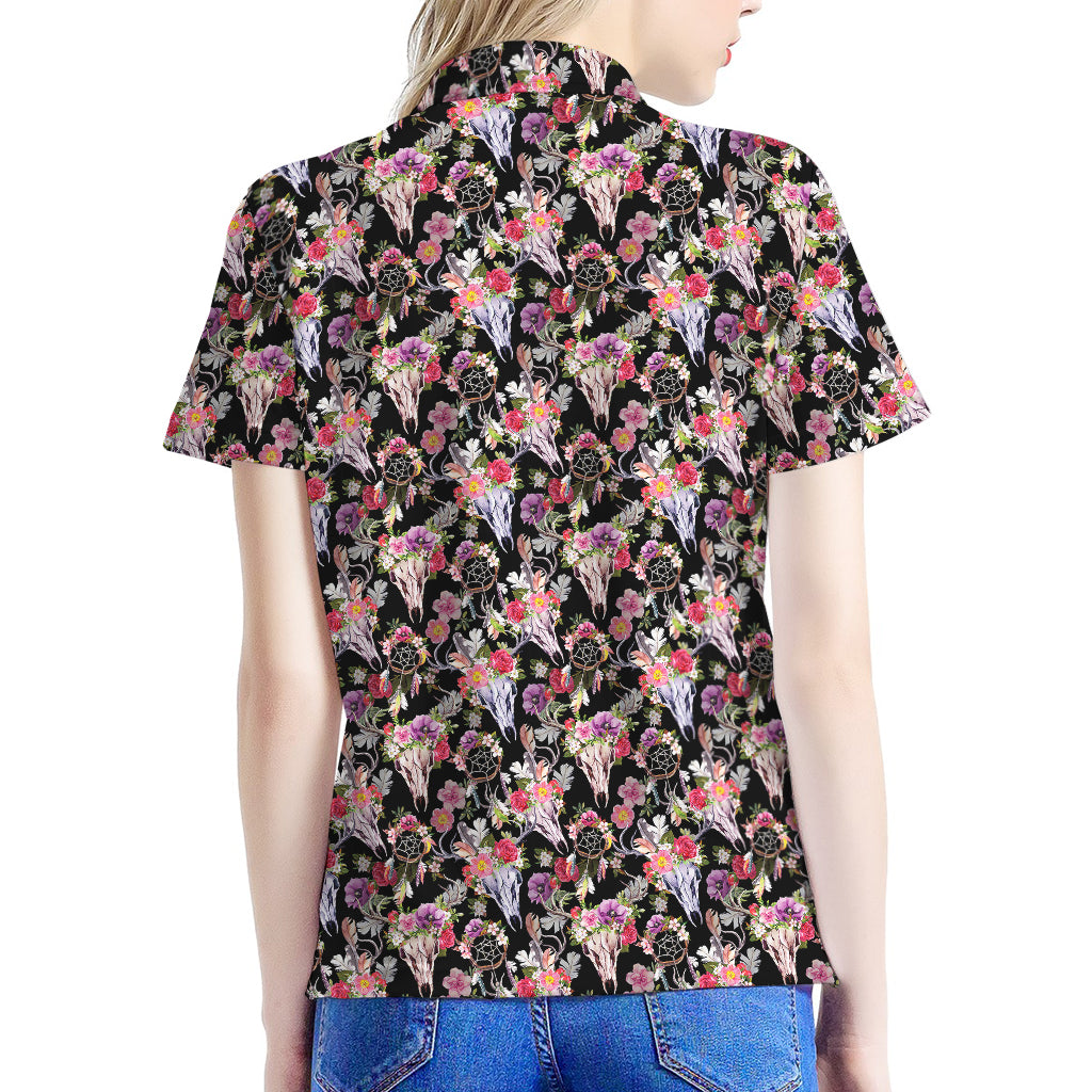 Boho Deer Skull Pattern Print Women's Polo Shirt