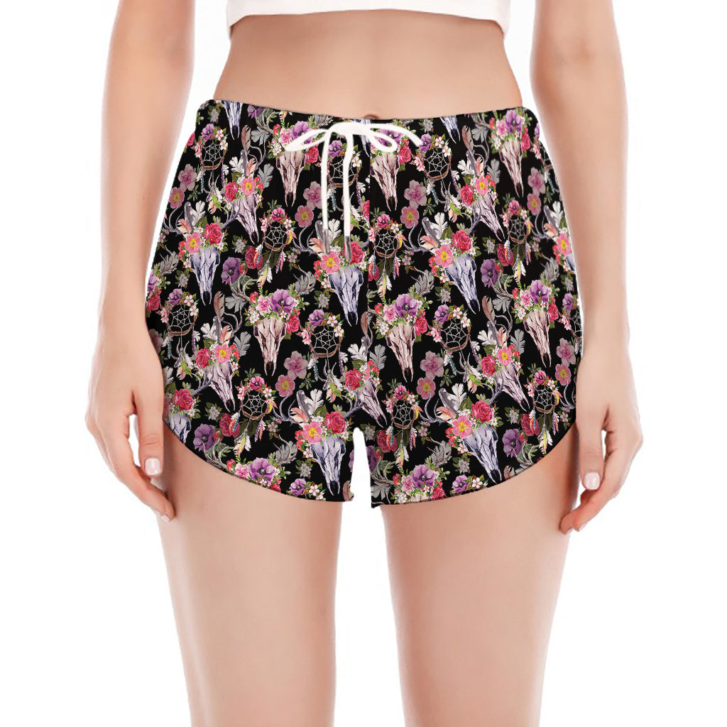 Boho Deer Skull Pattern Print Women's Split Running Shorts