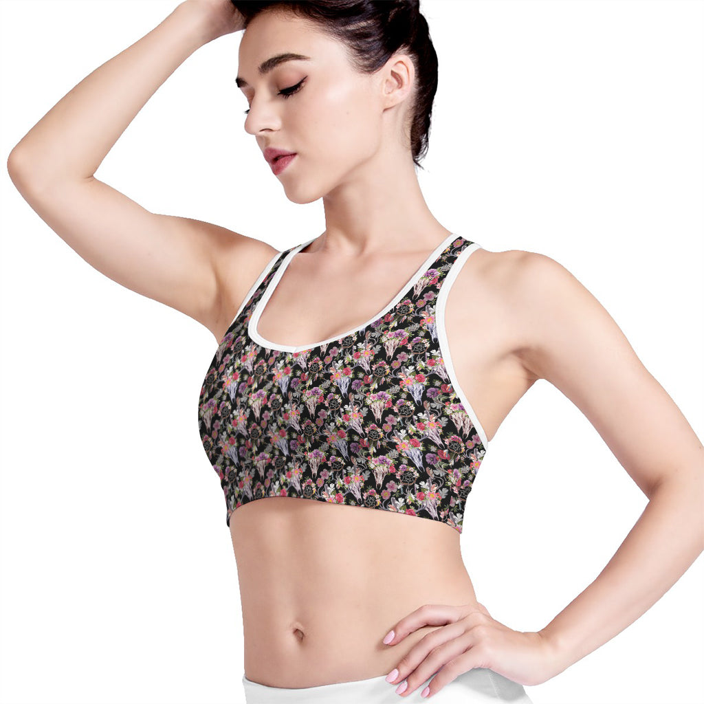 Boho Deer Skull Pattern Print Women's Sports Bra