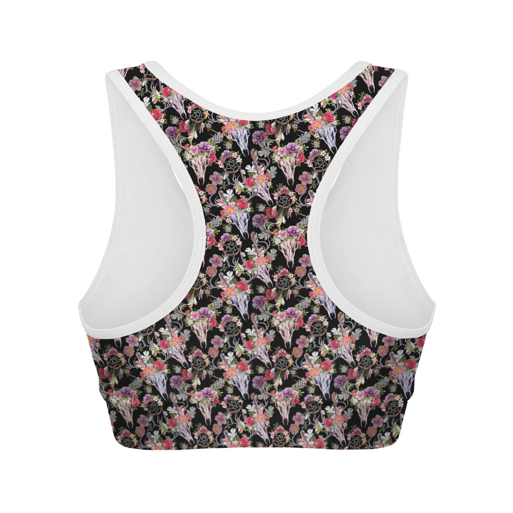 Boho Deer Skull Pattern Print Women's Sports Bra