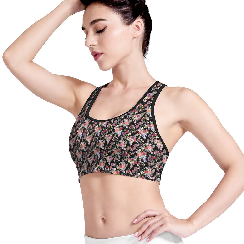 Boho Deer Skull Pattern Print Women's Sports Bra