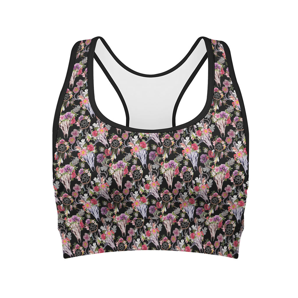 Boho Deer Skull Pattern Print Women's Sports Bra