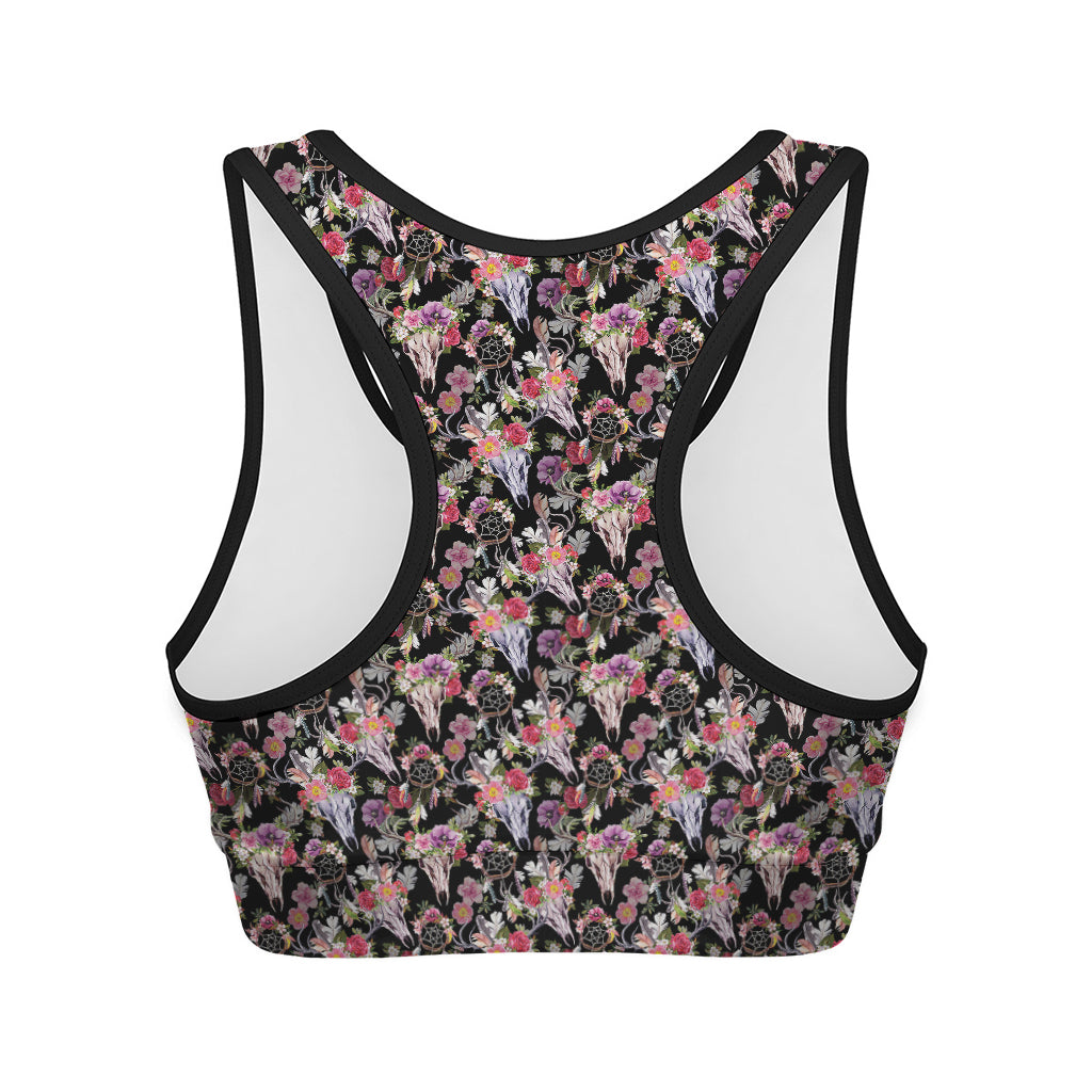 Boho Deer Skull Pattern Print Women's Sports Bra