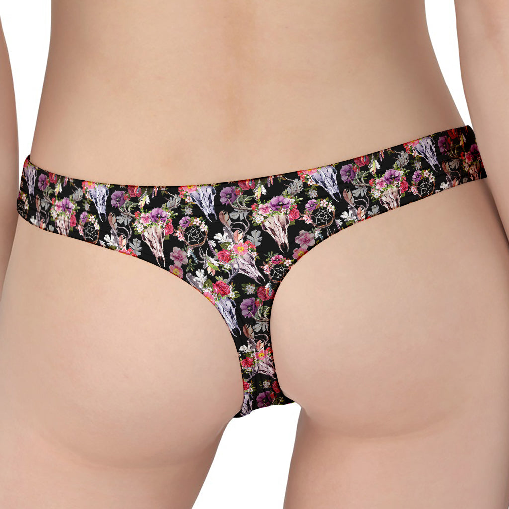 Boho Deer Skull Pattern Print Women's Thong