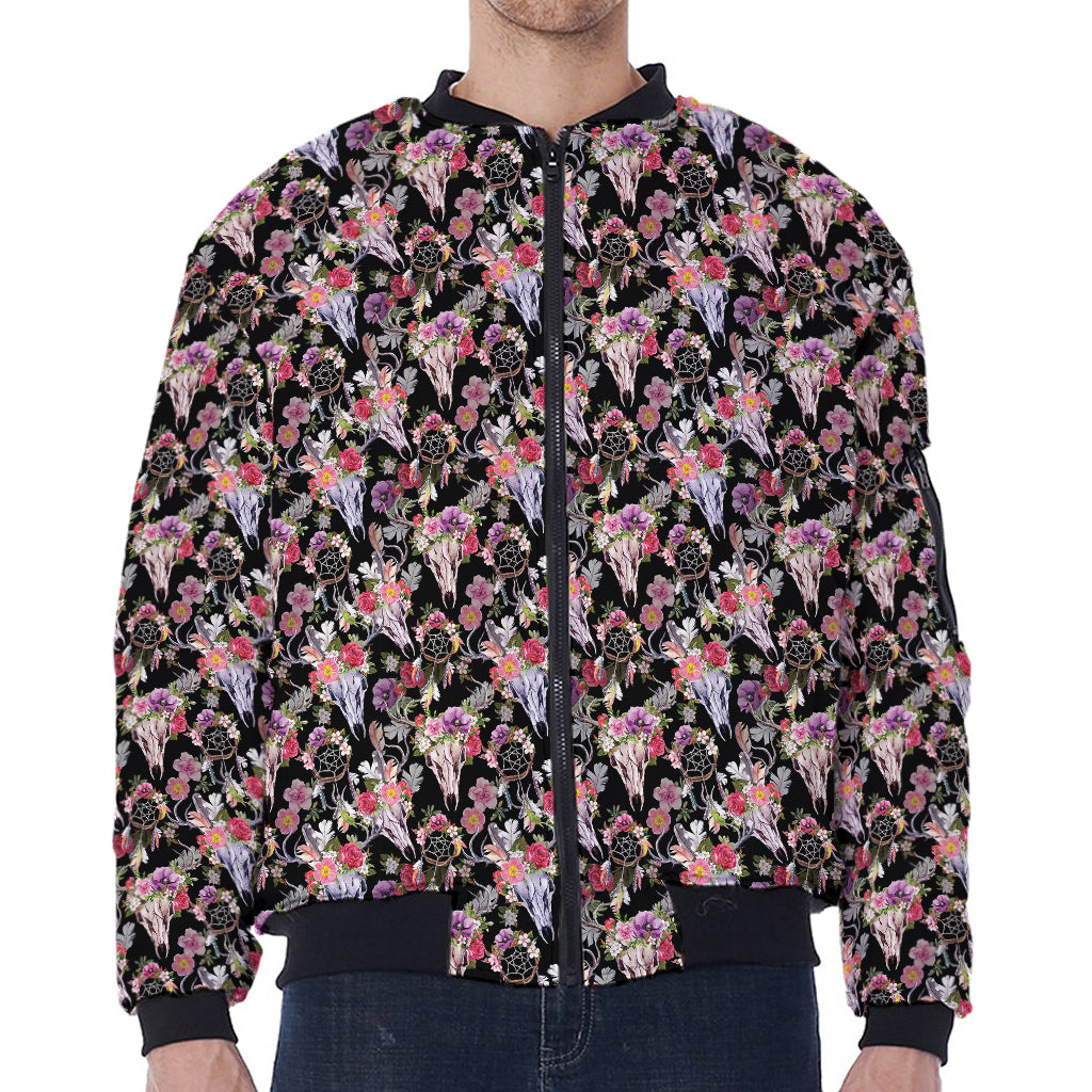 Boho Deer Skull Pattern Print Zip Sleeve Bomber Jacket