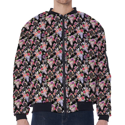 Boho Deer Skull Pattern Print Zip Sleeve Bomber Jacket