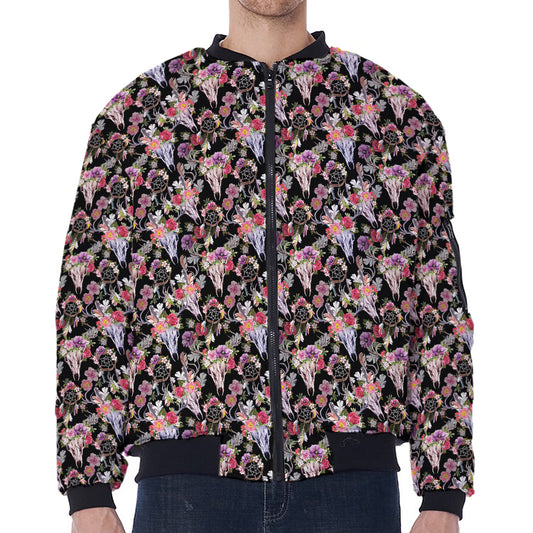 Boho Deer Skull Pattern Print Zip Sleeve Bomber Jacket