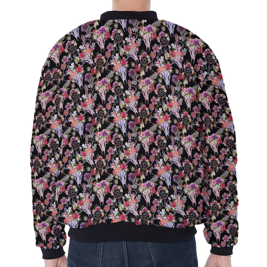 Boho Deer Skull Pattern Print Zip Sleeve Bomber Jacket