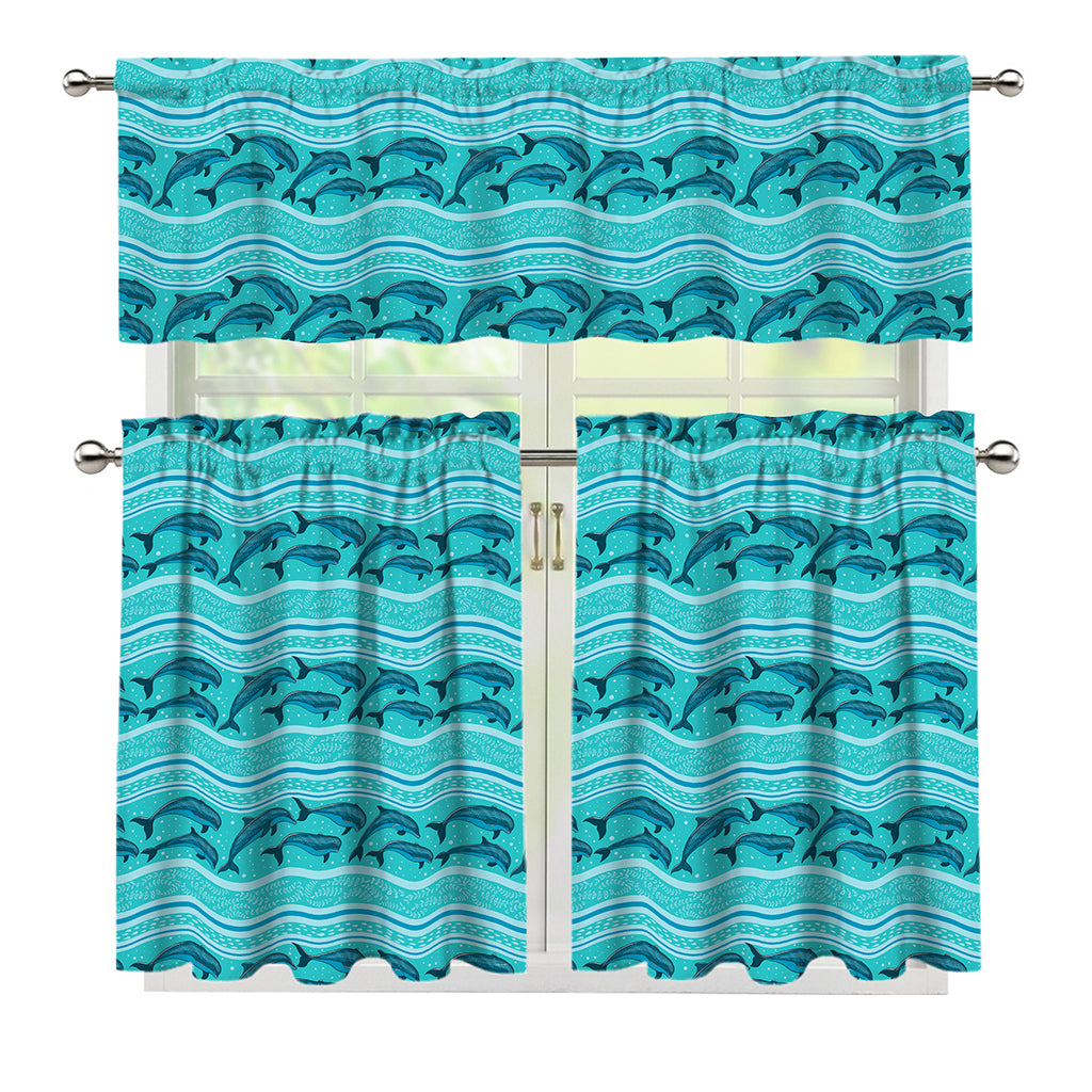 Boho Dolphin Pattern Print 3 Piece Kitchen Curtains