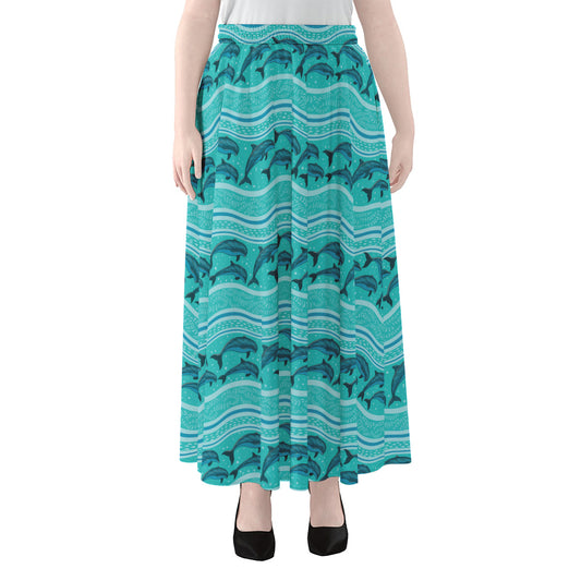 Boho Dolphin Pattern Print Chiffon Maxi Skirt