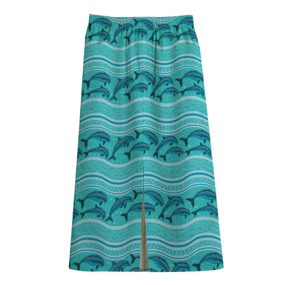 Boho Dolphin Pattern Print Cotton Front Slit Maxi Skirt